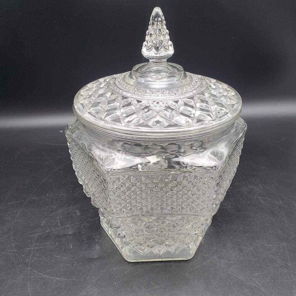 Vintage Pressed Glass Candy Jar Apothecary Container Lid Diamond Pattern